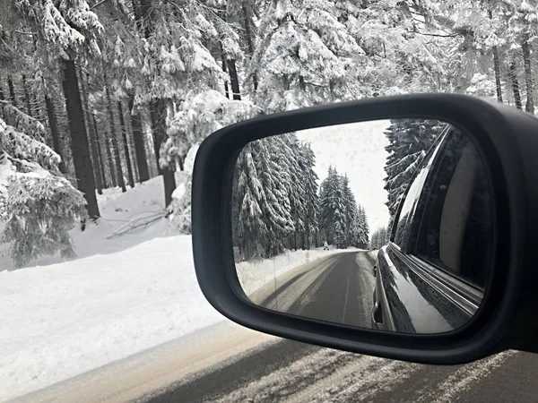 Reflection Winter Landscape Car Mirror — Stock Photo, Image