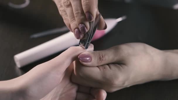 Close Shot Van Een Schoonheidsspecialiste Aanbrengen Nagellak Vrouwelijke Nagel Volg — Stockvideo