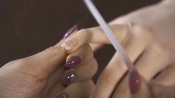 미용사가 매니큐어를 여성의 손톱에 바르는 모습을 클로즈업으로 찍었습니다 초점을 따라가라 — 비디오