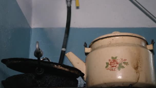 Old Kettle Boiling On Gas Stove — Stock Video