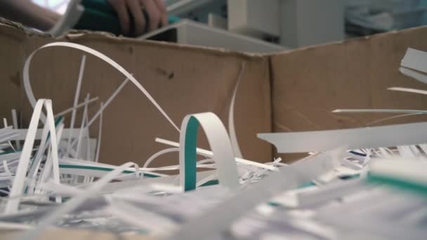 민스크, 벨라루스, 4 월 2019. 인쇄소의 작업자가 종이 쓰레기 상자에 폐지 형태로 쓰레기를 던지다. — 비디오