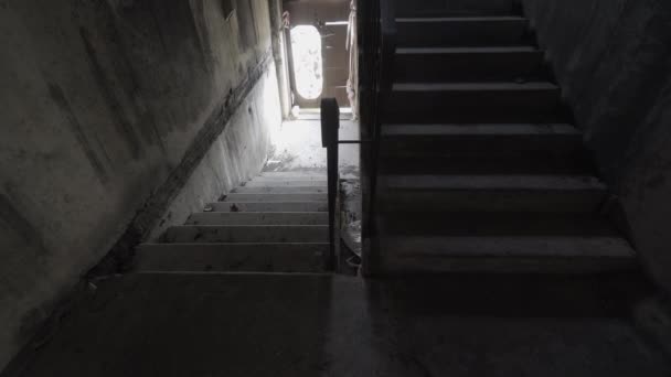 Shaky Camera Comes Damaged Staircase Leading Nowhere Exploring Abandoned Place — Stock Video