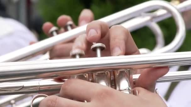 Der Trompeter Spielt Eine Silberne Trompete — Stockvideo
