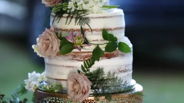 Gâteau Noces Fleurs Blanches Avec Verdure Arrière Plan — Video