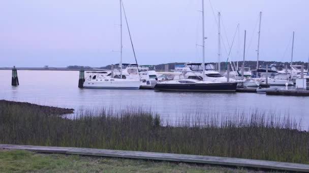 Spokojny Widok Mały Port Wieloma Zaparkowanymi Żaglówkami Godzinach Porannych Przed — Wideo stockowe