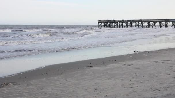 Statisch medium schot van het einde van de houten pier in de Oceaan. Mensen lopen langs de Pier — Stockvideo