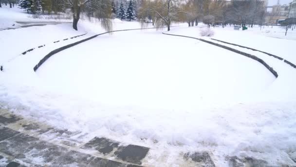Schnee Fällt Vor Dem Hintergrund Von Parkbank Und Zugefrorenem See — Stockvideo