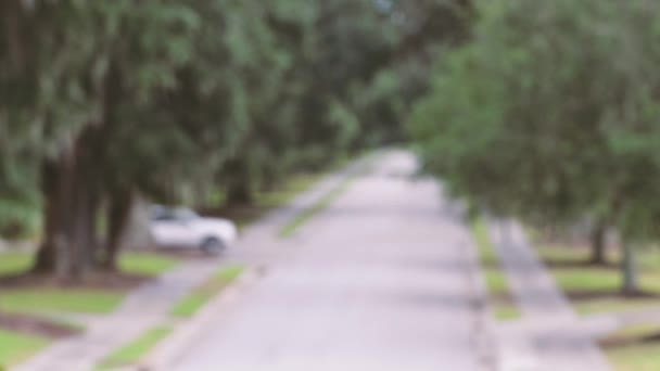 Un coche blanco sale del patio de la casa de campo en la carretera principal. 4k — Vídeos de Stock