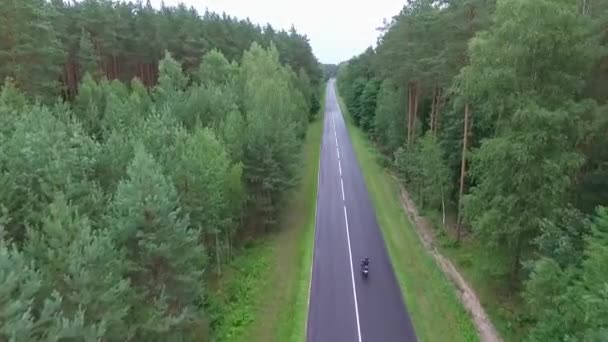 Man Riding Motorcycle Rural Paved Beautiful Road Green Trees Top — Stock Video