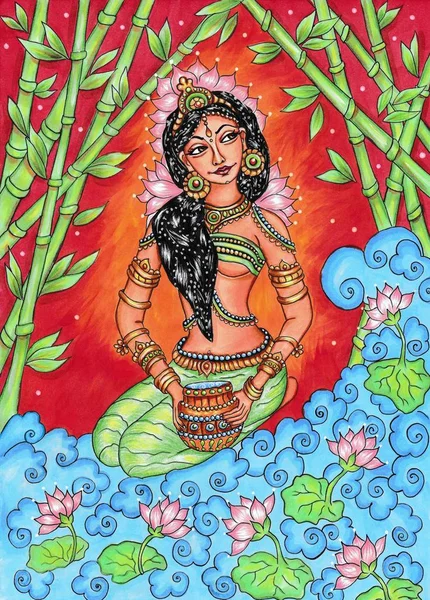 Indian Traditional Painting Woman Nature Kerala Mural Style Beautiful Ornamental — Stock Photo, Image