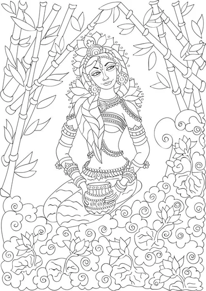 Kerala Mural Style Beautiful Woman Goddess Coloring Book Page Adults — Stock Photo, Image