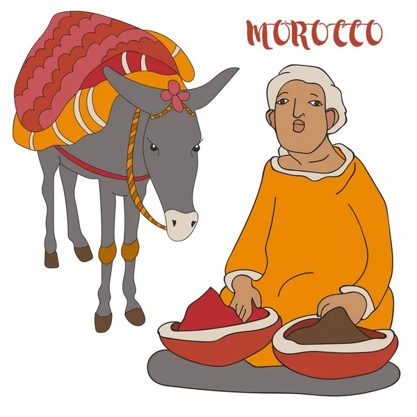 Tradicional Homem Marroquino Burro Vetor Ilustração Isolado Fundo Branco Marrocos — Vetor de Stock