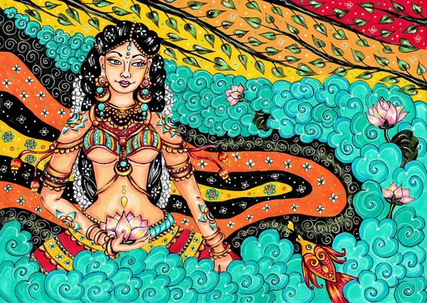 Pintura Tradicional India Mujer Naturaleza Estilo Mural Kerala Con Hermoso — Foto de Stock