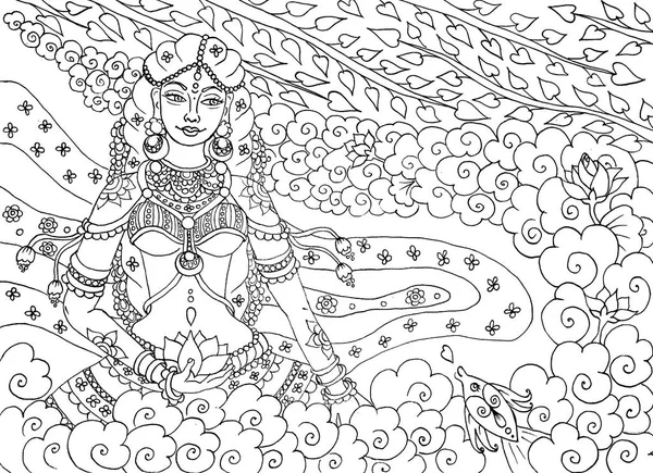Indian Woman Ancient Kerala Style Coloring Book Page Adults — Stock Photo, Image