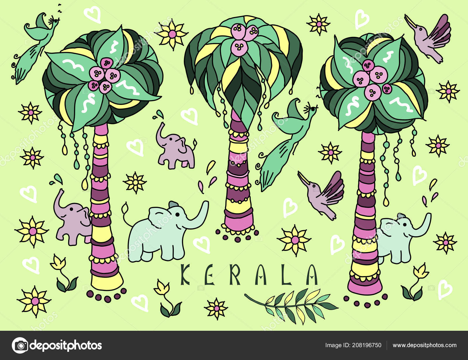 Kerala Postcard Vector Cartoon Illustration Outline Palm Trees Birds  Elephants Stock Photo by ©katyasuresh 208196750