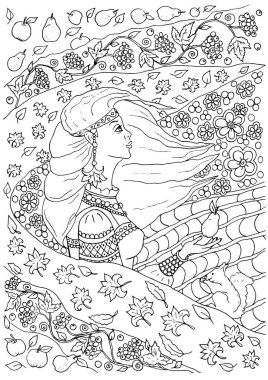 A beautiful young slavic woman in traditional dress with ornament autumn background in zen tangle style, adult coloring book page clipart