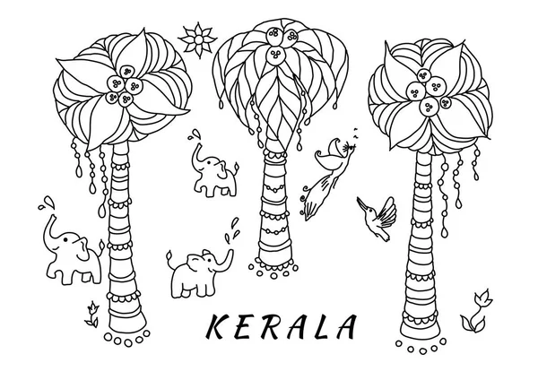 Kerala kartpostal vektör çizgi film illüstrasyon anahat palmiye ağaçları, kuşlar ve filler