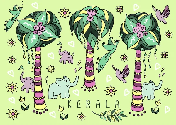 Kerala postcard vector cartoon illustration outline with palm trees, birds and elephants