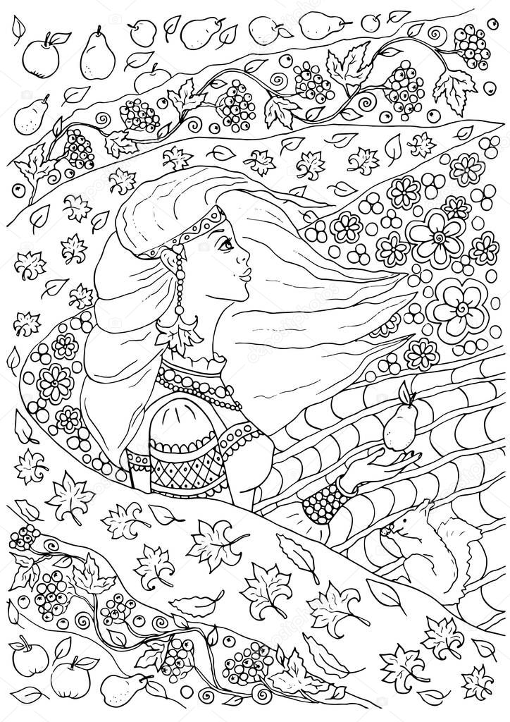 A beautiful young slavic woman in traditional dress with ornament autumn background in zen tangle style, adult coloring book page