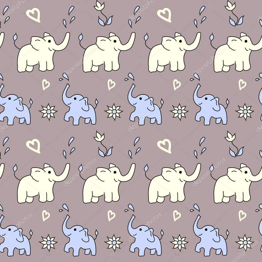 Cute baby elephants pattern. Vector simple seamless background for kids