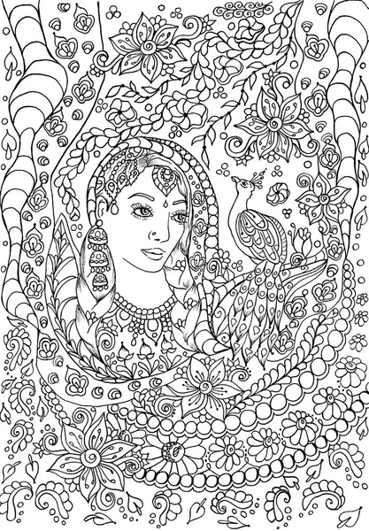 Indian woman adults coloring book page, black and white outline ethnic ornament Illustration
