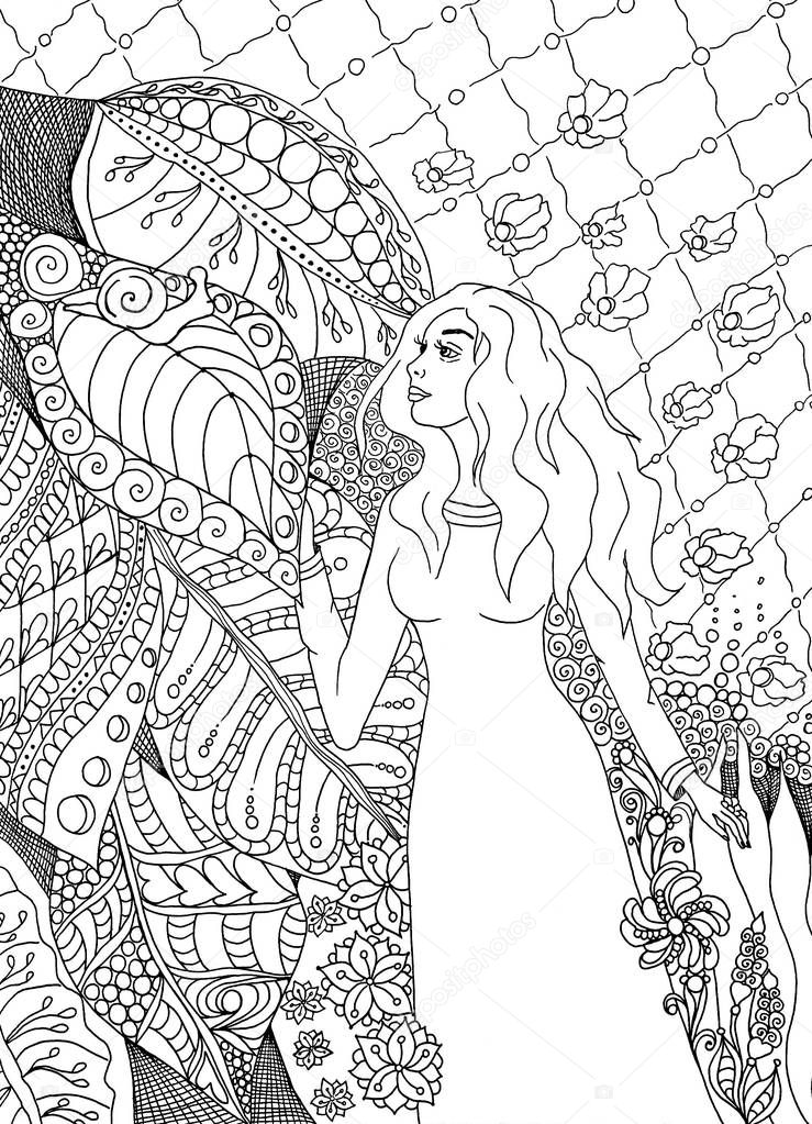 Woman in forest zentangle style adult coloring book page