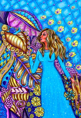 Stilize süs ormanı, zentangle tarzı, mavi ve menekşe renklerde Illustration genç kadın