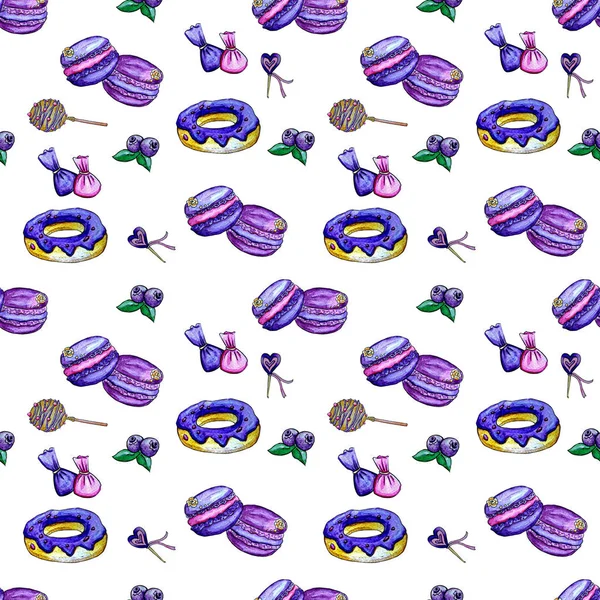 Bakery pastry seamless pattern with donut, blueberry  and macaron