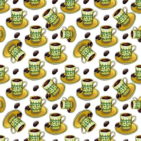 Kaffeebecher Nahtloses Muster Auf Weißem Hintergrund — Stockfoto