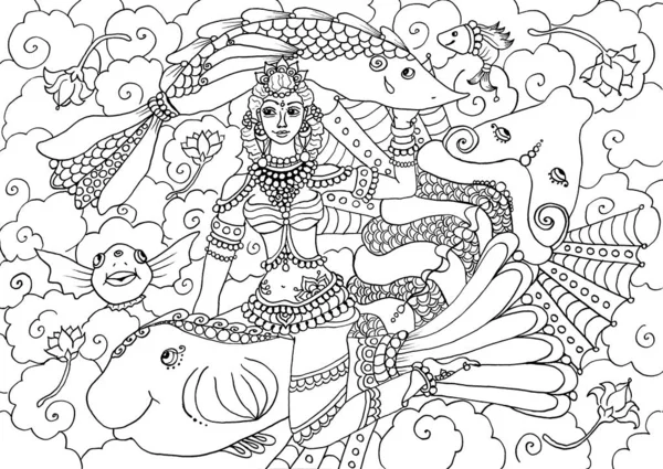 Kerala Mural Style Girl Lake Fish Adult Coloring Book Page — Stock Photo, Image