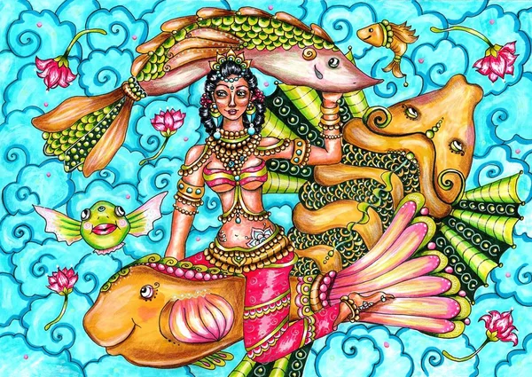 Indian Traditional Painting Woman Lake Fish Kerala Mural Style Beautiful — Stock Photo, Image