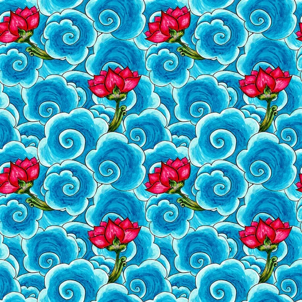 Lotus Květiny Vlny Bezesnou Kreslenou Maskou Keralu — Stock fotografie
