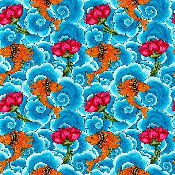 ケララ壁画風の魚と波シームレスな手描きパターン — ストック写真