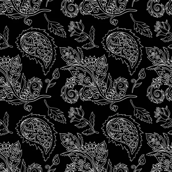 Estilo Ornamento Kalamkari Indiano Padrão Vetorial Sem Costura Preto Branco — Vetor de Stock