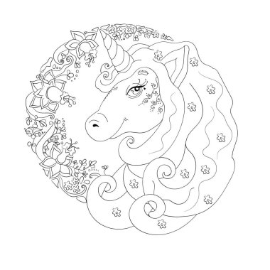 Unicorn portre siyah ve beyaz anahat, boyama kitap sayfası, vektör