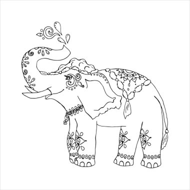 Hint mehndi tarzı fil tek eleman anahat, beyaz arka plan üzerinde izole