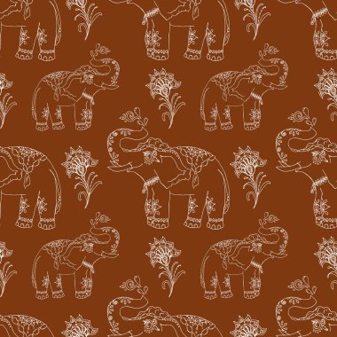 Kahverengi bir arka plan, mehendi tarzı, vektör üzerinde fil beyaz anahat ile Dekoratif dikişsiz desen