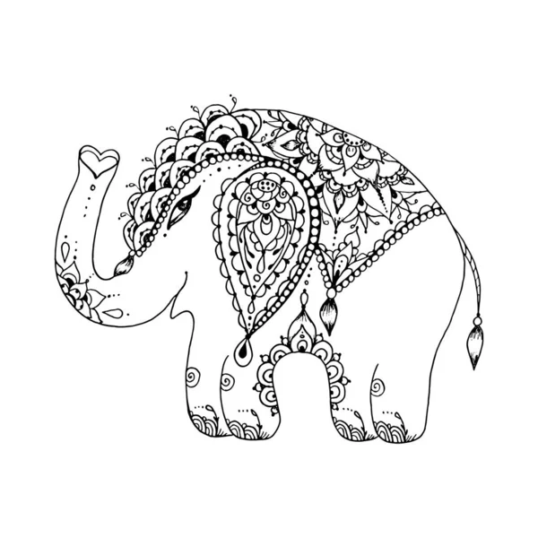 Estilo Mehndi Indiano Elefante Único Elemento Contorno Isolado Fundo Branco — Vetor de Stock