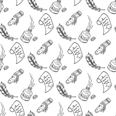 Eczacı simya sihirli zanaat Dikişsiz desen, siyah ve beyaz, vektör