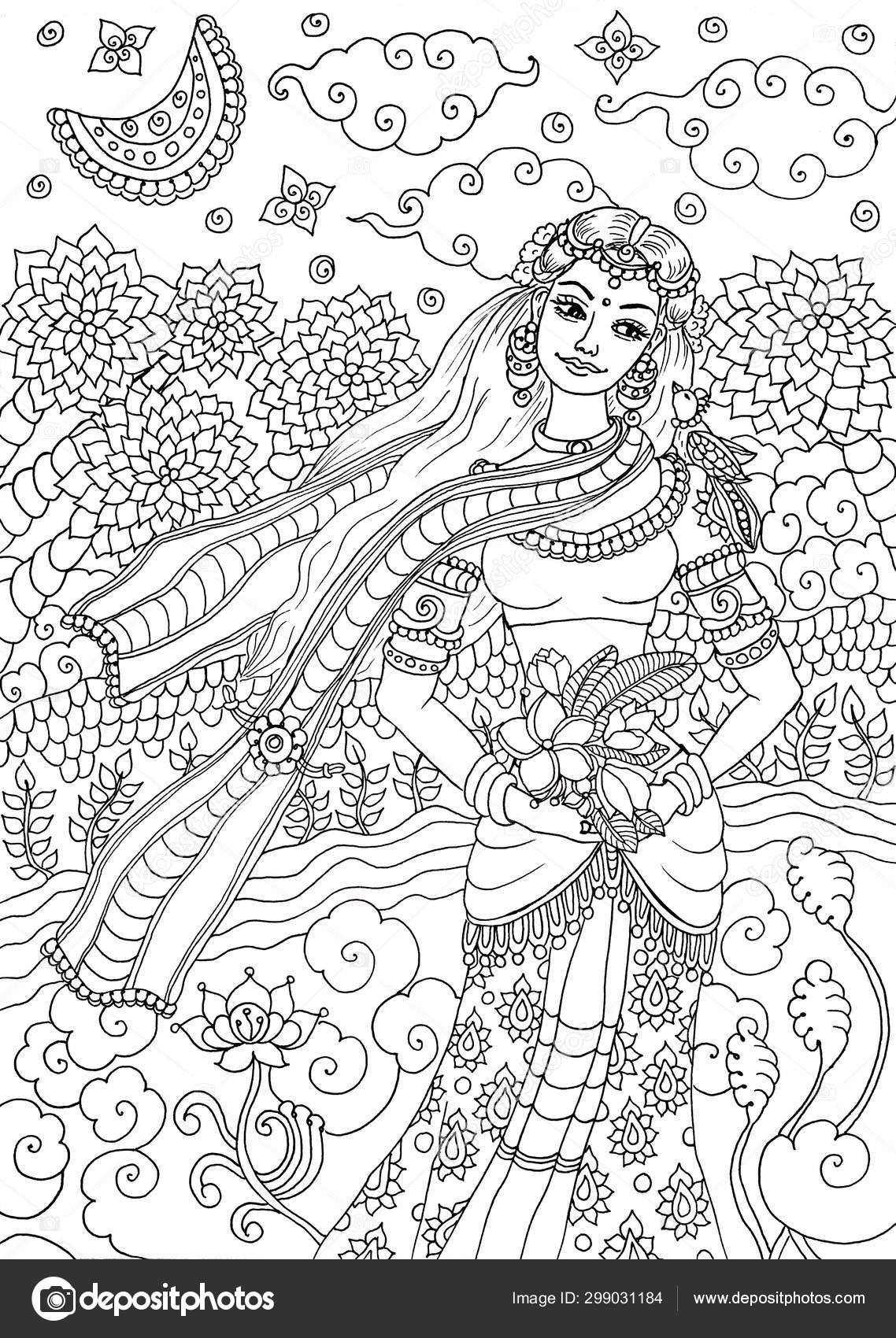 Download Kerala Mural Style Girl Woman Goddess Adult Coloring Book Page Stock Photo By C Katyasuresh 299031184
