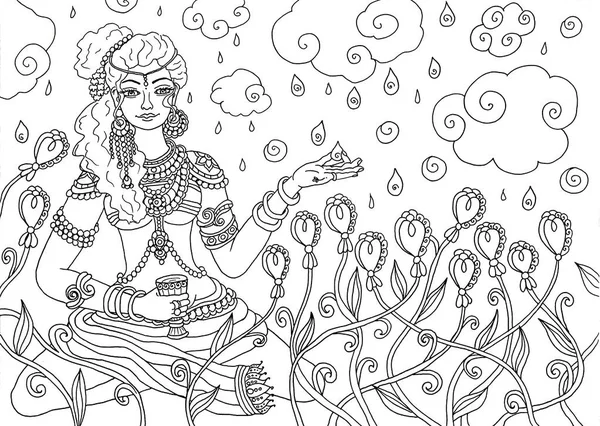 Kerala Mural Style Girl Woman Goddess Adult Coloring Book Page — Stock Photo, Image