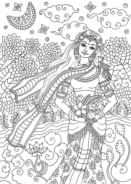 Kerala mural style girl, woman, goddess, adult coloring book page outline. Coloring book India, indian woman.