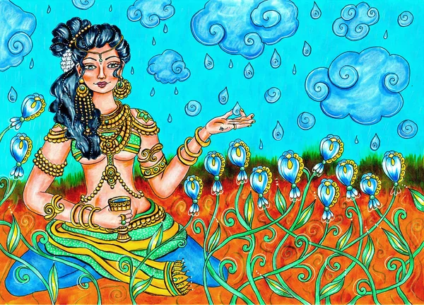 Indian Traditional Painting Woman Nature Kerala Mural Style Beautiful Ornamental — Stock Photo, Image