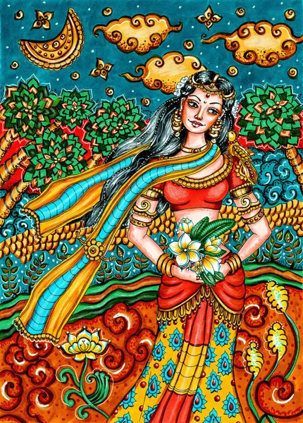 Indian Traditional Painting Woman Nature Kerala Mural Style Beautiful Ornamental — Stock Photo, Image