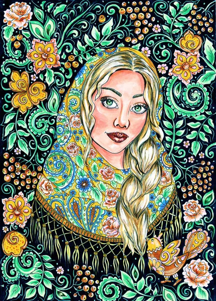 Portrait Beautiful Blond Girl Slavic Shawl Floral Ornamental Background — Stock Photo, Image