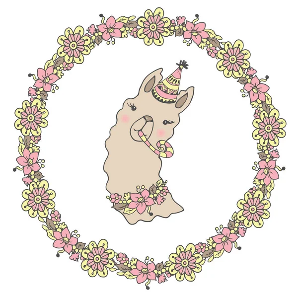 Cute llama, alpaca frame with flowers — Stock Vector