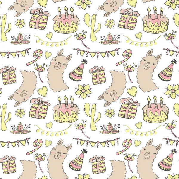 Grattis på födelsedagen fest sömlösa mönster med lamadjur, vektor — Stock vektor