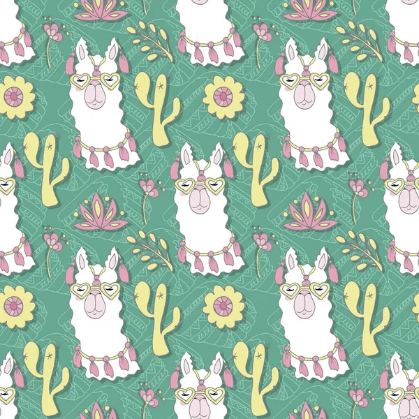 Cute calm llama alpaca pattern with succulents on green background, vector — ストックベクタ