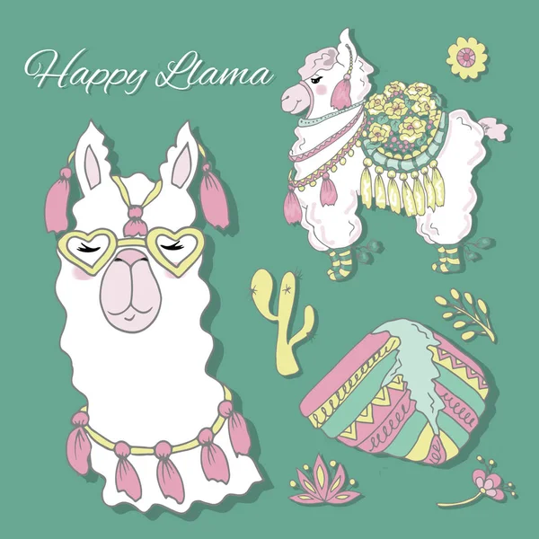 Lindo clipart de llama alpaca, aislado sobre fondo verde, vector — Vector de stock