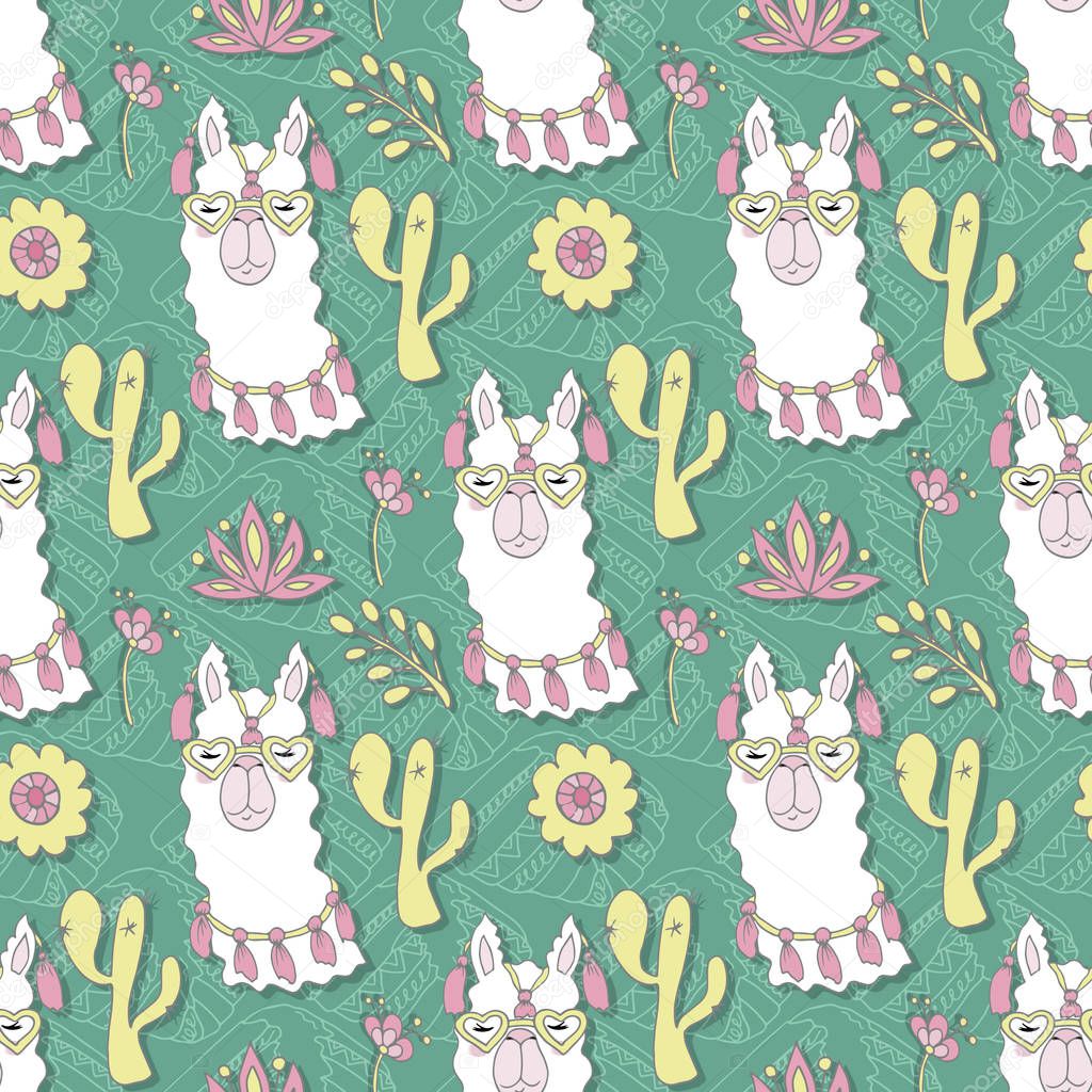 Cute calm llama alpaca pattern with succulents on green background, vector